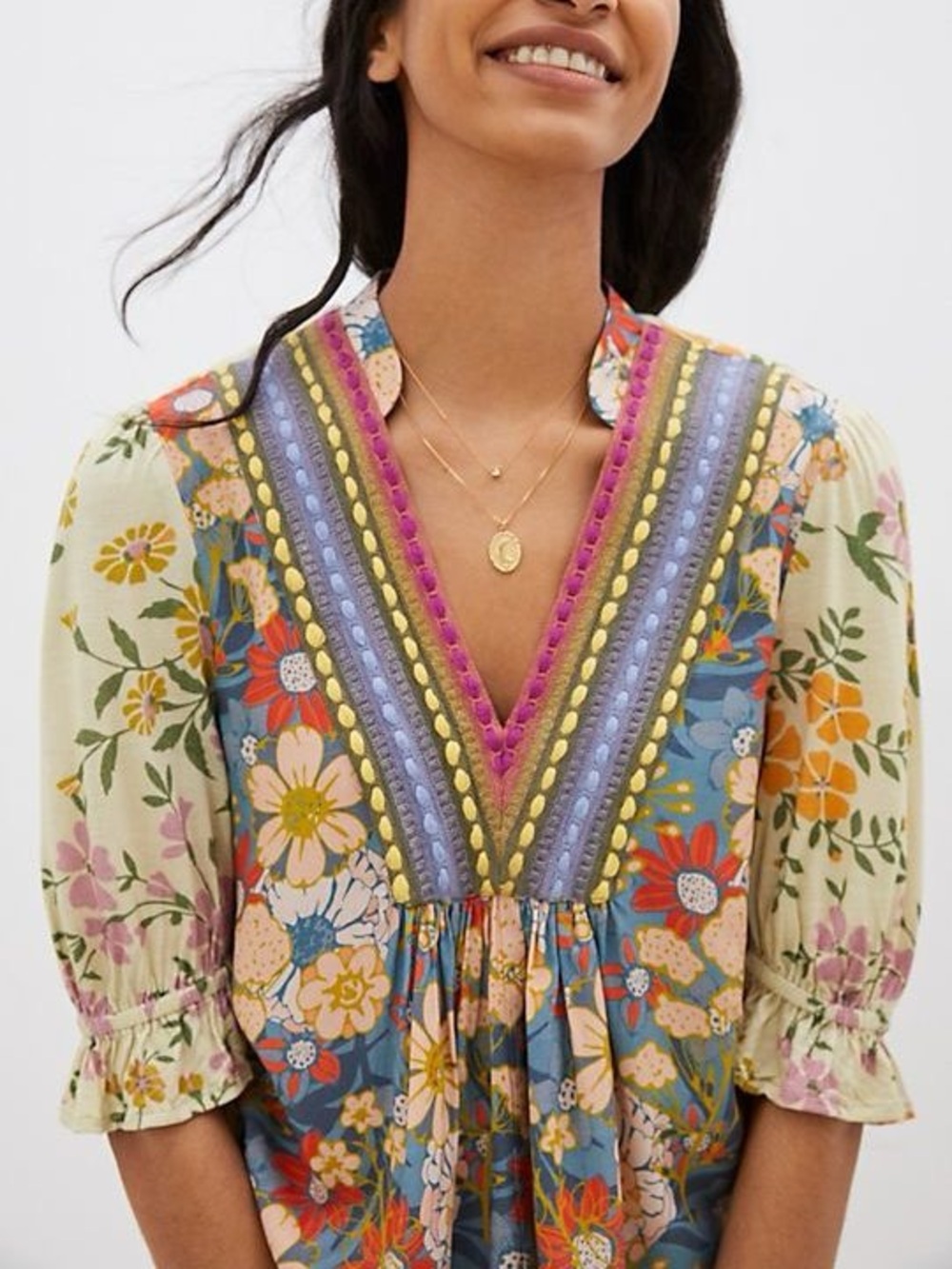 Floral V-Neck Boho Tunic in Multi-Color